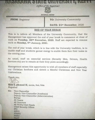 NSUK notice on end of year break