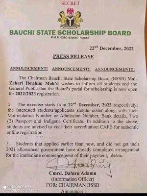 Bauchi State scholarship board announces scholarship application, 2022/2023