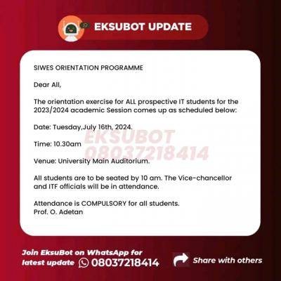 EKSU notice to prospective IT students on orientation programme