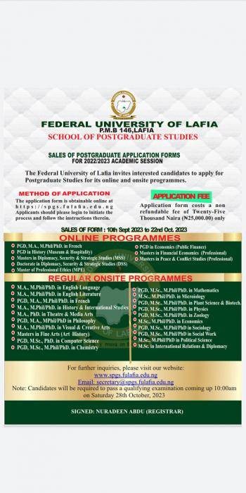 FULAFIA postgraduate admission, 2022/2023