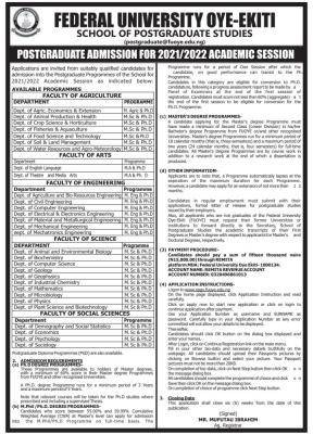 FUOYE Postgraduate Admission, 2021/2022