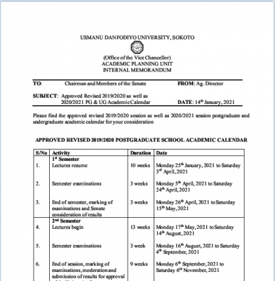 UDUS revised academic calendar for 2019/2020 and 2020/2021 session (PG/UG)