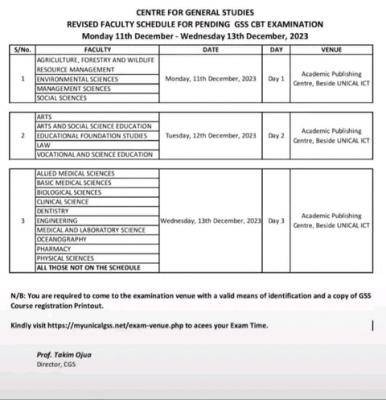 UNICAL releases revised GSS CBT examination timetable