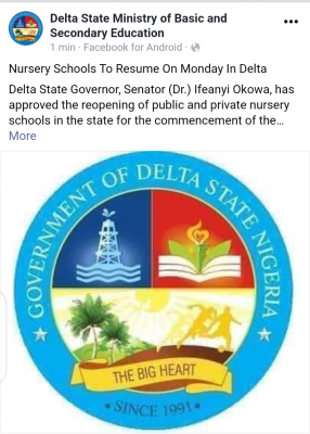 Delta State Announces Resumption Date for Nursery Schools