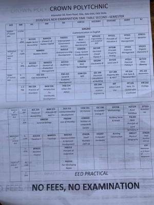 Crown Polytechnic 2020/2021 second semester examination timetable