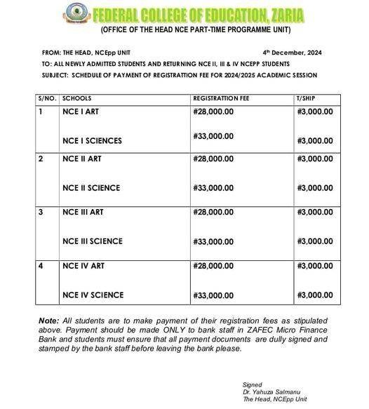 FCE Zaria schedule of registration fees for NCE part-time students, 2024/2025