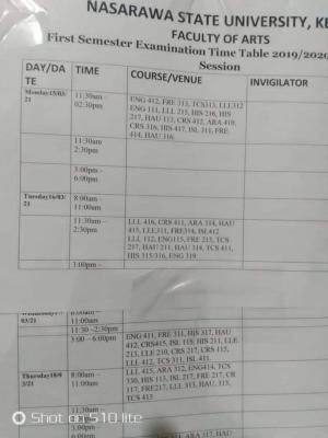 NSUK 1st semester exam time table, 2019/2020