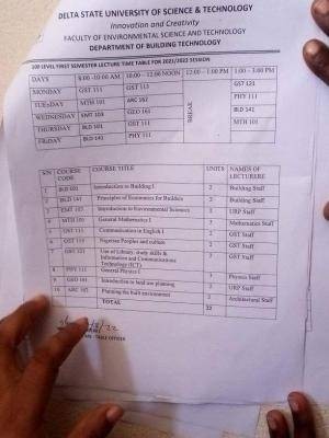 Delta State University of Science and Technology, Ozoro 1st semester lectures timetable, 2021/2022