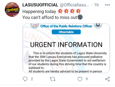 LASUSU notice to students on provision of palliatives