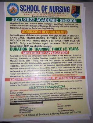 UNICAL Teaching Hospital School of Nursing, 2021/2022 admission form