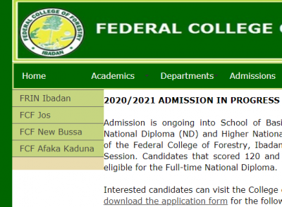 Federal College of Forestry, Ibadan admission for 2020/2021 session