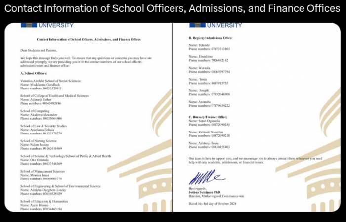 Babcock University releases Contact Information of School Officers, Admissions, and Finance Offices