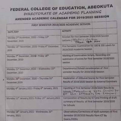 FCE Abeokuta revised academic calendar for 2019/2020 session