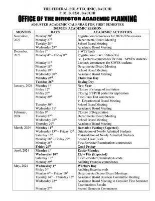 Fed Poly Bauchi reviewed academic calendar for 1st semester 2023/2024