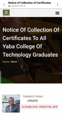 YABATECH notice to graduates on collection of certificates