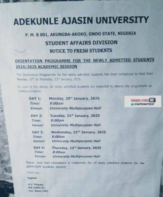 AAUA orientation programme for the newly admitted students, 2024/2025 academic session