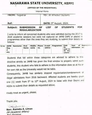 NSUK notice on submission of students lists for regularization