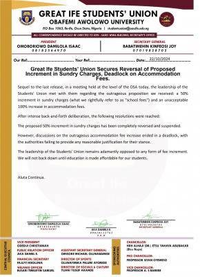 OAU SUG notice on suspension of 50% increment on sundry fees