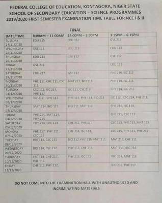 FCE, Kontagora 1st semester exam timetable for 2019/2020 session