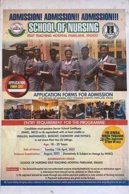 ESUT Teaching Hospital General Nursing admission form for 2023/2024 session