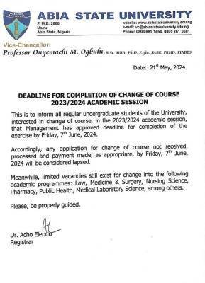ABSU deadline for completion of Change of course, 2023/2024