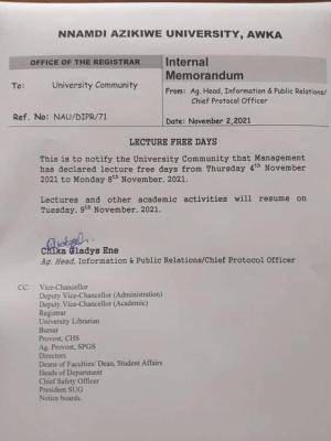 UNIZIK notice on lecture free days