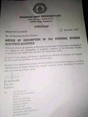 NAUB notice of resumption to remedial students