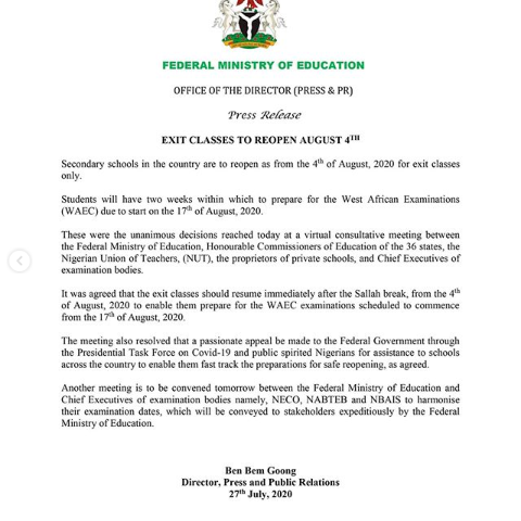 Secondary Schools to Reopen on August 4, for Graduating Classes - FG