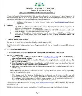 FUWukari Post-UTME/DE 2023: cut-off mark, eligibility and registration details