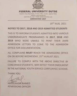 FUDutse notice to students admitted in 2017, 2018 and 2019 academic session