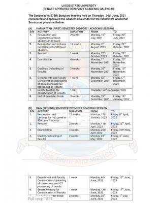 LASU academic calendar for 2020/2021 session