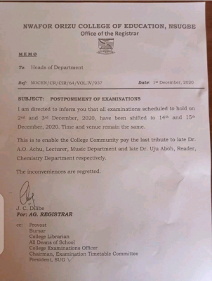 Nwafor Orizu COE notice on postponement of exams