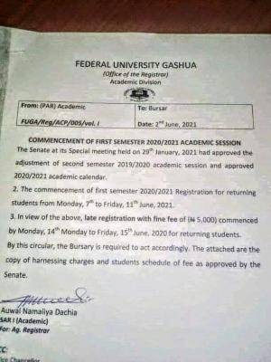 FUGashua notice on commencement of first semester, 2020/2021