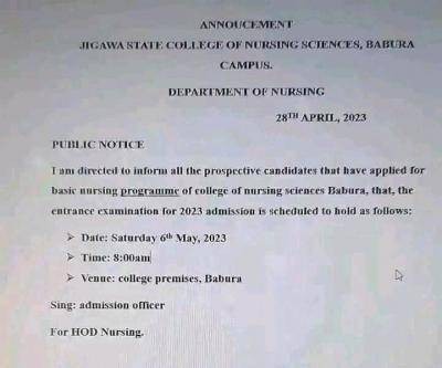 Jigawa State College of Nursing Sciences, Babura announces entrance exam, 2023