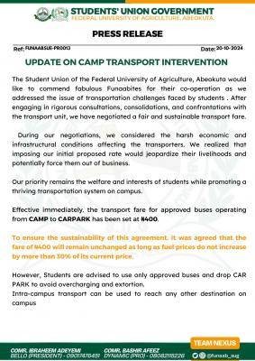 FUNAAB SUG update on cost of transportation within the campus