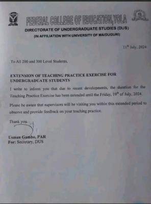 FCE, Yola notice to 200 & 300L students of extension of teaching practice exercise