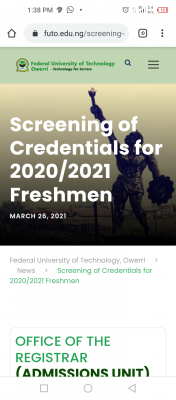 FUTO notice on screening of credentials for 2020/2021 newly admitted students