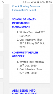 OAUTHC school of health entrance exam dates for 2020/2021 session