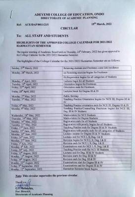 ACEONDO Harmattan semester academic calendar, 2021/2022