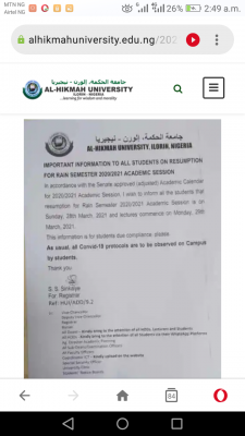 AL-Hikmah University announces rain semester resumption, 2020/2021