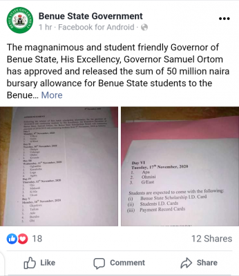 Benue State Government releases state scholarship fee