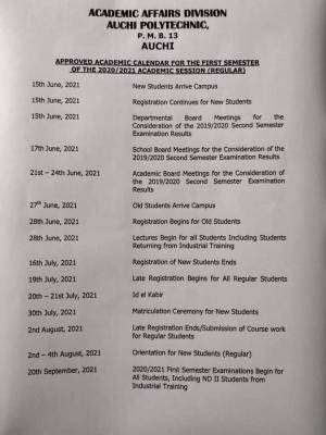 Auchi Poly first semester academic calendar, 2020/2021