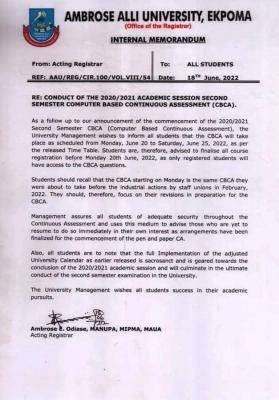 AAU notice on conduct of 2nd semester continuous assessment, 2020/2021