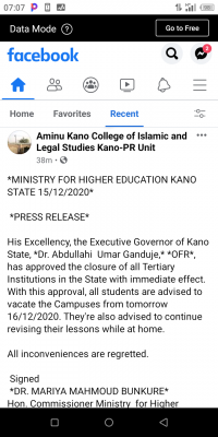 Kano State orders closure of all tertiary institutions in the state