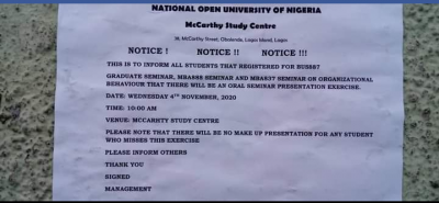 NOUN Mccarthy study centre notice to students