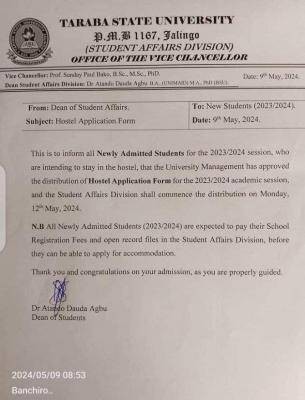 TSU notice to new students on hostel application form