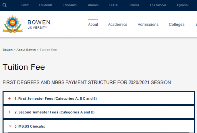 Bowen University school fees for the 2020/2021 session