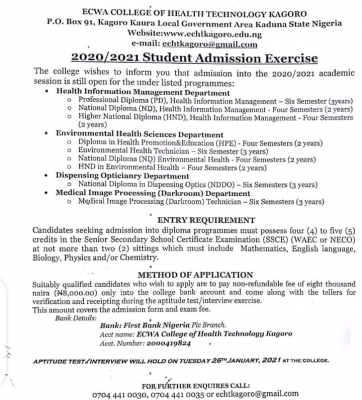 ECWA College of Health, Kagoro admission form for 2020/2021 Session