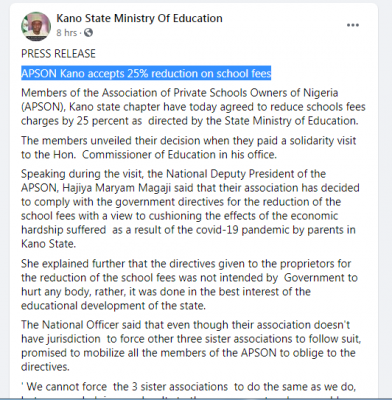 APSON Kano accepts 25% reduction on school fees