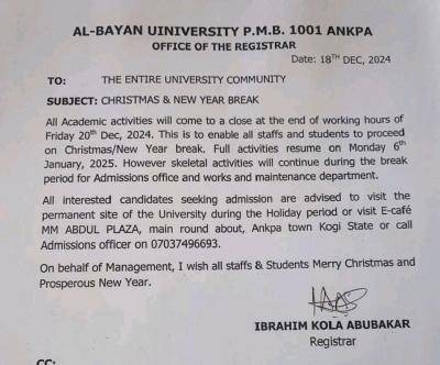 Al-Bayan University, Ankpa notice of Christmas and New Year break